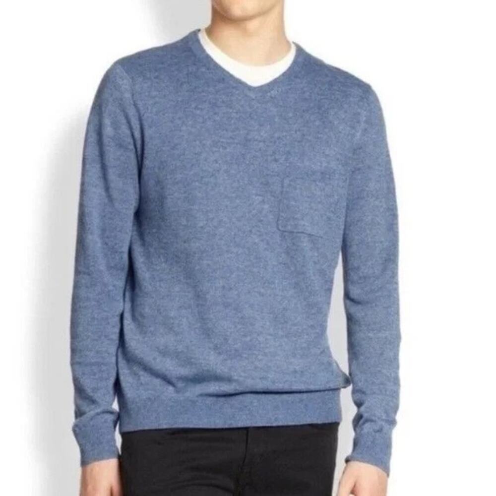 Vince Sweater Linen Blend V-Neck Chest Pocket Men’s L Blue  Knit Long Sleeves
